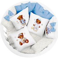 Комплект в кроватку 18 предметов (принт. под., подушка на молнии), сатин/бязь СОП/3, медведь в пижаме, бело-голубой