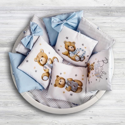 Комплект в кроватку 18 предметов, сатин/бязь С6 Teddy Boy (голубой, коричневый, серый)