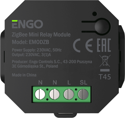 Беспроводное реле со встроенным репитером, 230В, ZigBee ENGO (EMOD-ZB)